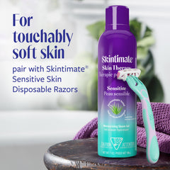 Skintimate Skin Therapy vegan icon on packaging indicating animal-test-free formula.