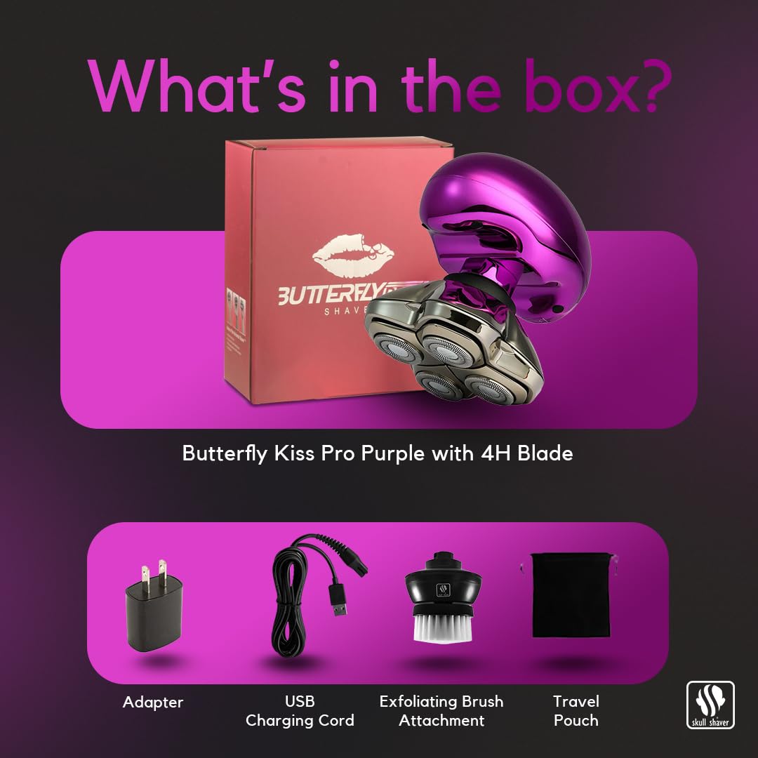Skull Shaver Butterfly Kiss Pro purple design adds stylish appeal to grooming.