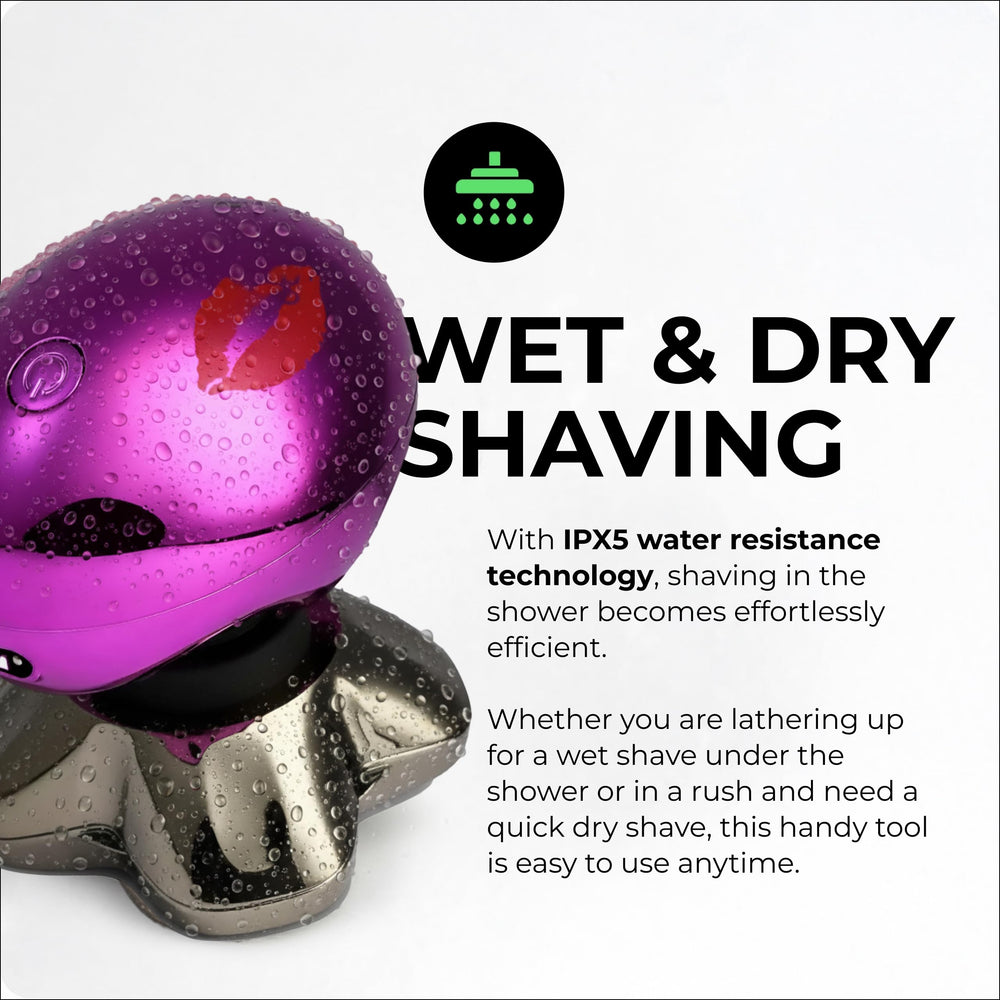 Skull Shaver Butterfly Kiss Pro wet use image shows versatile shower shaving.