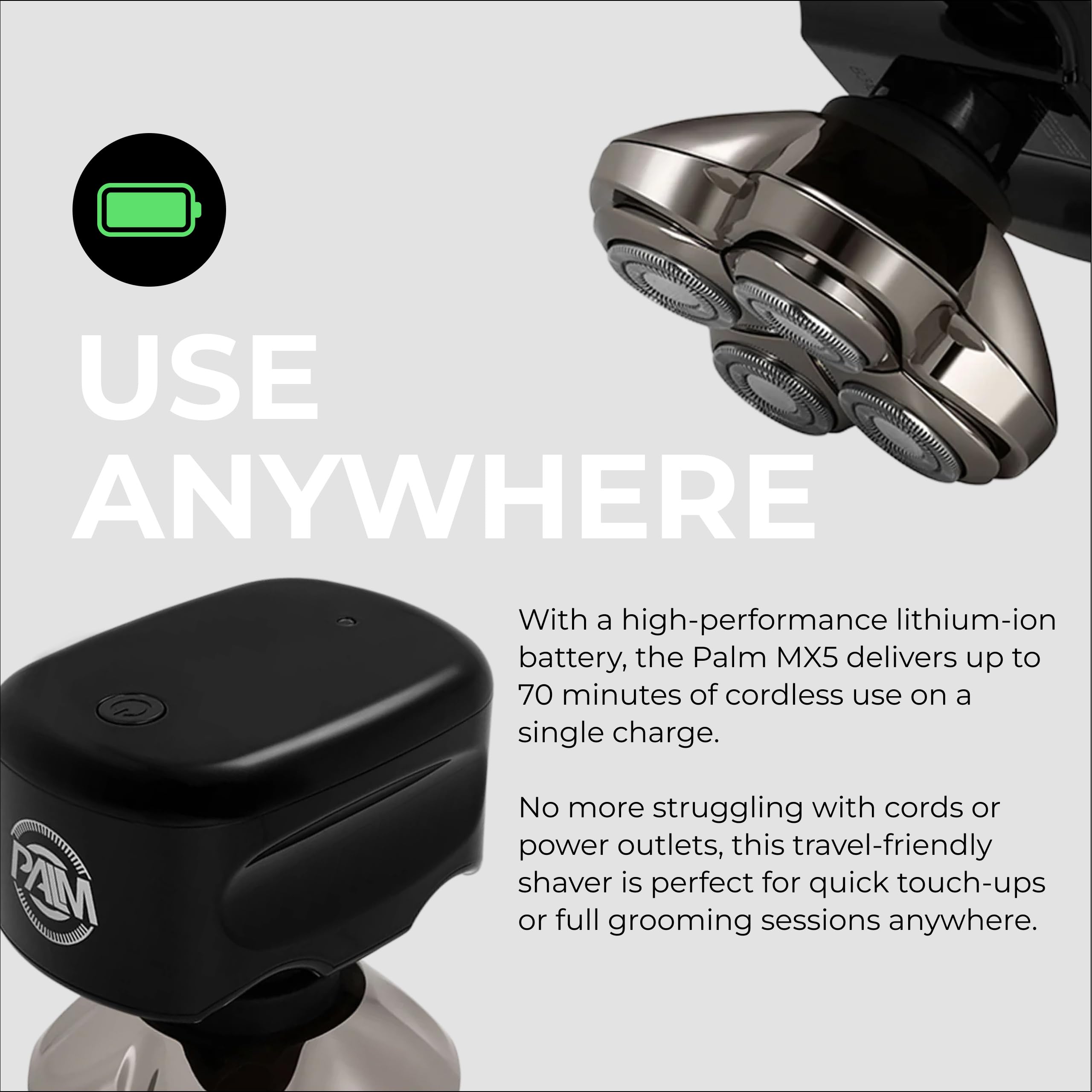 Skull Shaver Palm MX5 cordless design for travel grooming