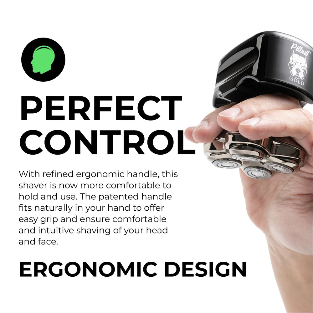 Skull Shaver Pitbull Gold Pro GX5 ergonomic grip ensures secure control during precision grooming.