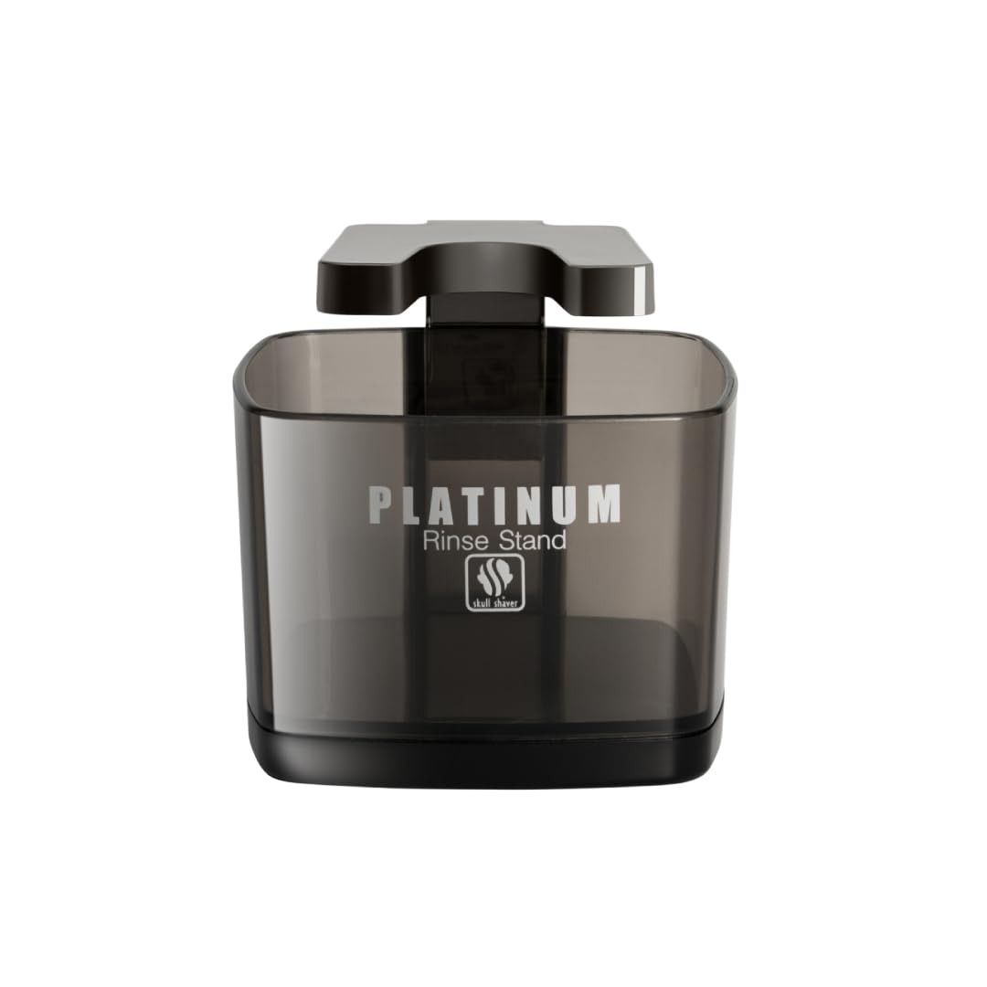 Skull Shaver Platinum Rinse Stand shows universal compatibility with Pitbull and Butterfly shavers for easy maintenance.