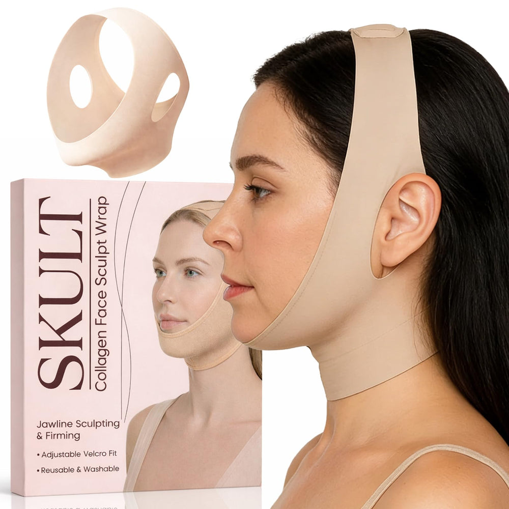 SKULT Collagen Face Sculpt Wrap promotes jawline definition during night use.