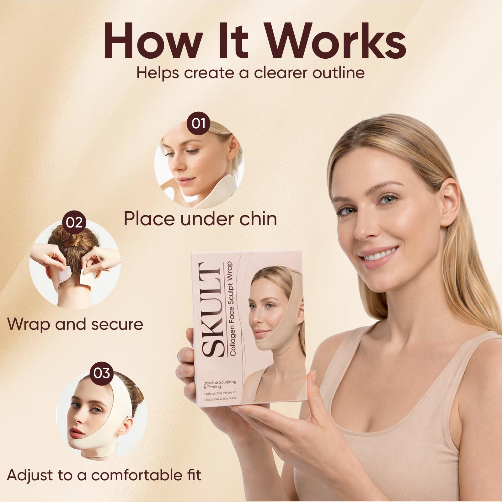 SKULT Collagen Face Sculpt Wrap supports nighttime skincare routines.