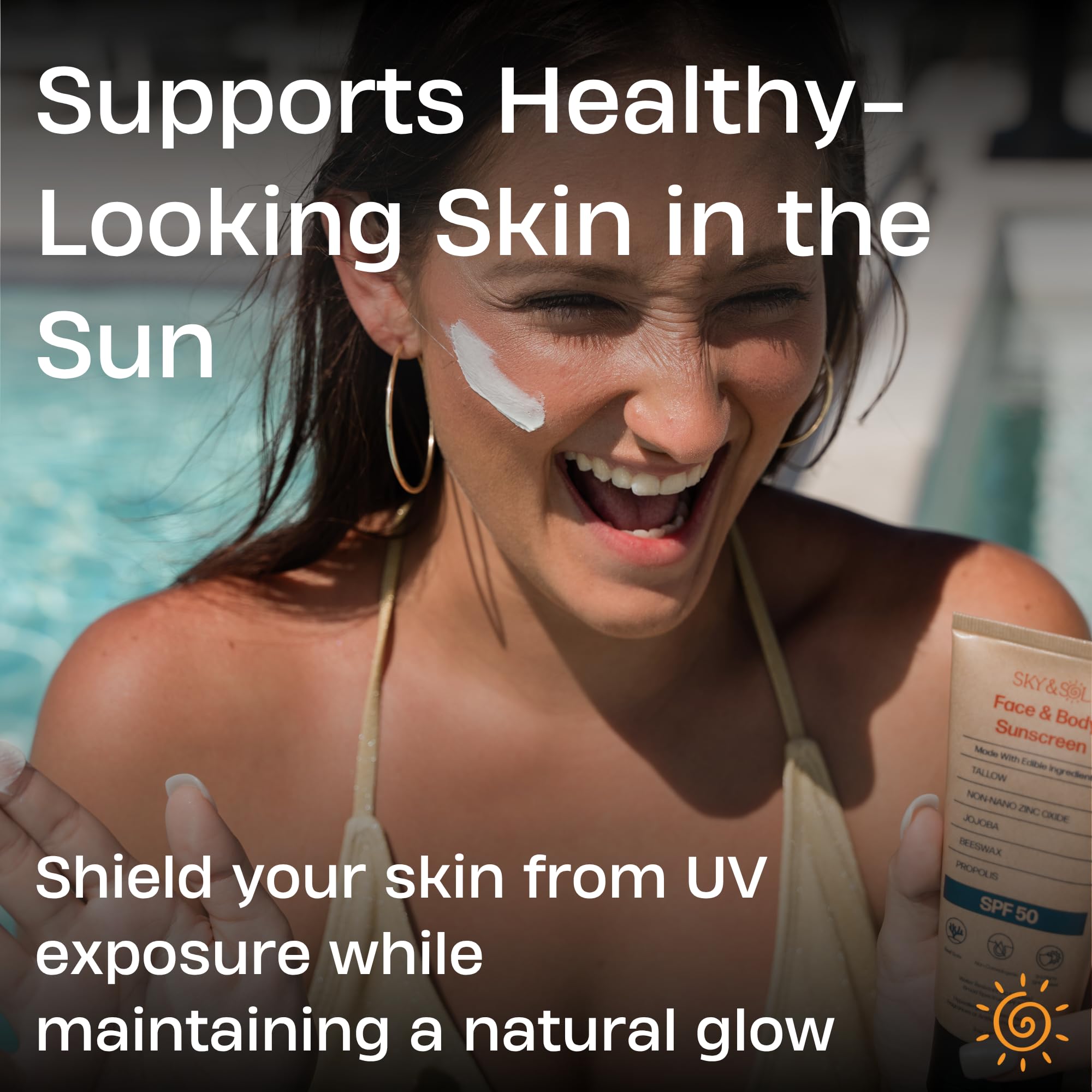 Sky and Sol sunscreen on arm during outdoor activity demonstrating water resistance.