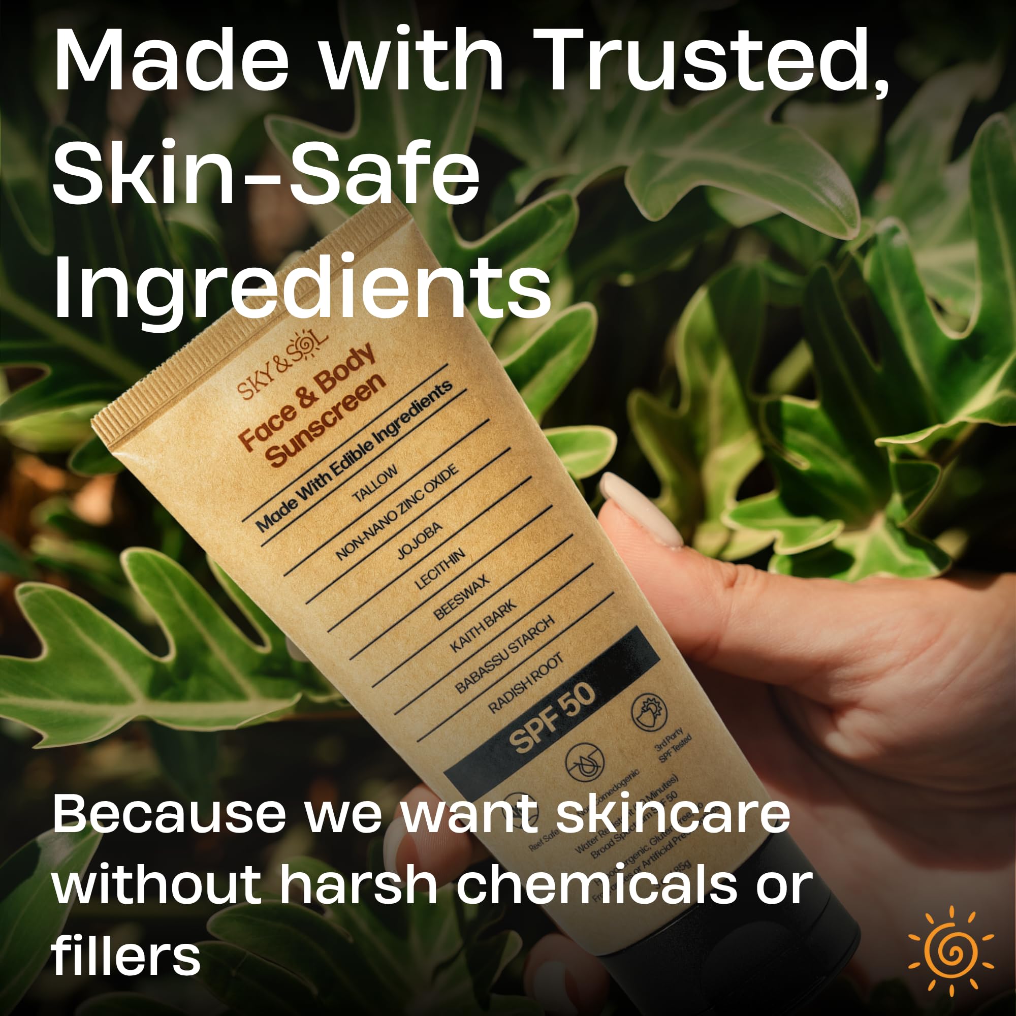 Sky and Sol sunscreen applied to face showing non-greasy finish.