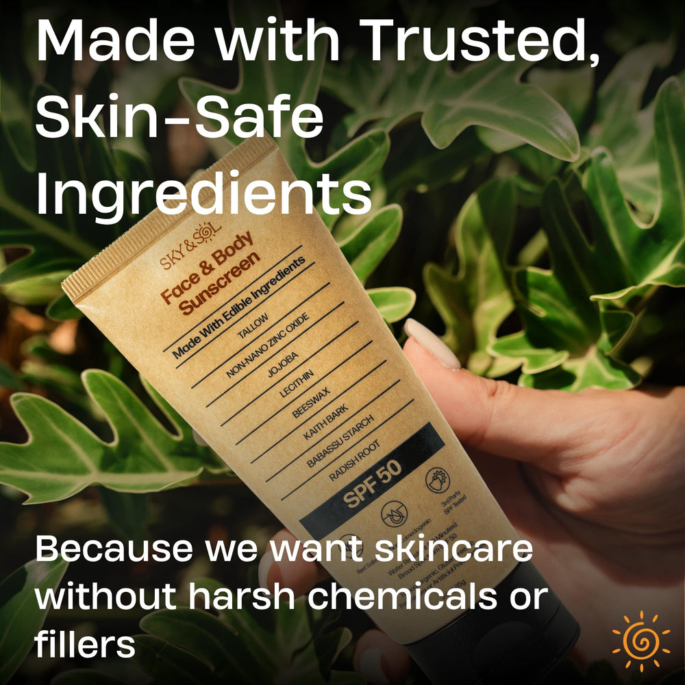 Sky and Sol sunscreen applied to face showing non-greasy finish.