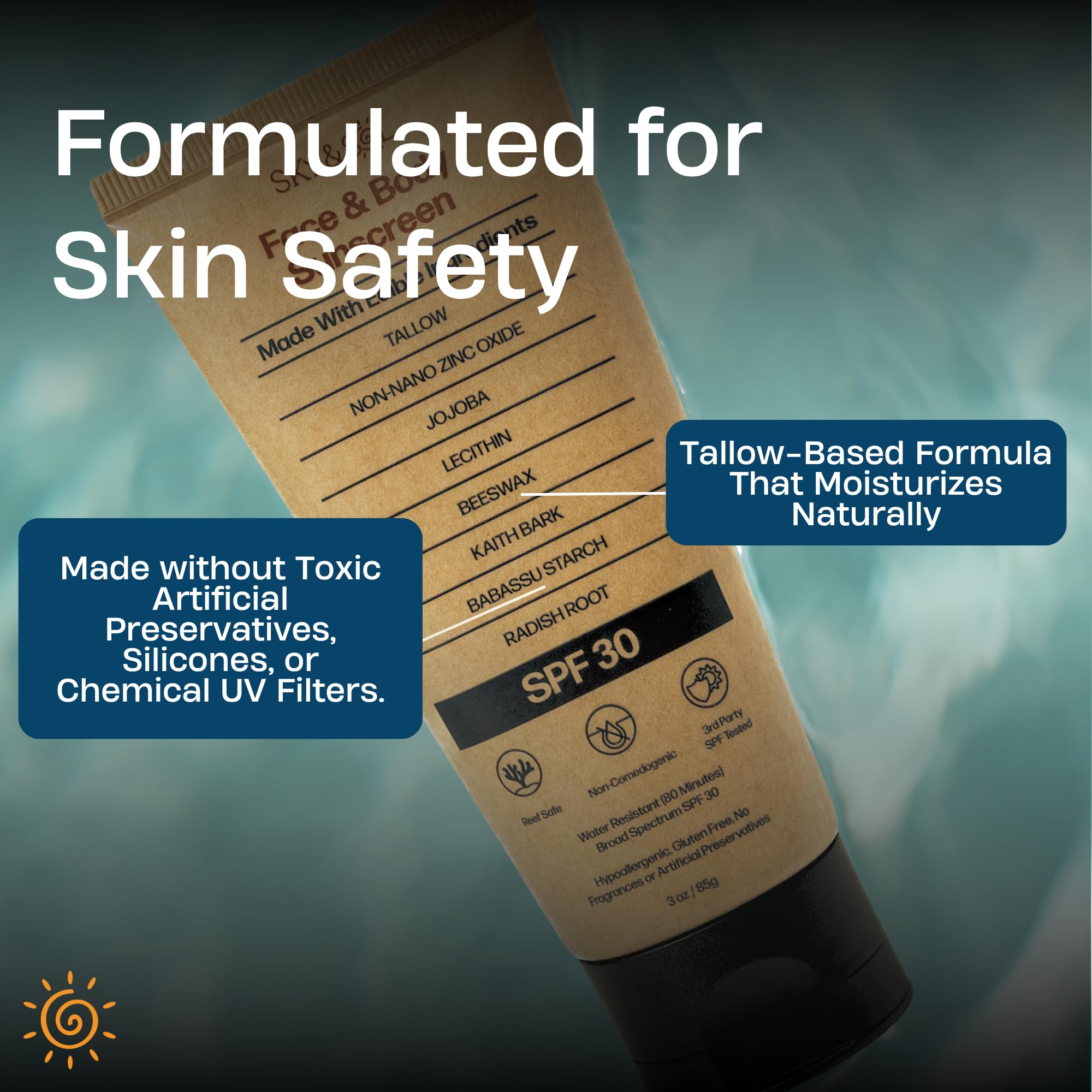 Sky and Sol packaging eco label communicates reef-friendly protection