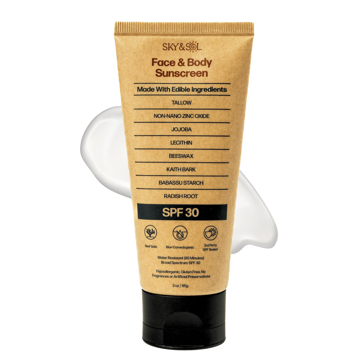 Sky and Sol SPF 30 mineral sunscreen jar front shows reef-safe protection