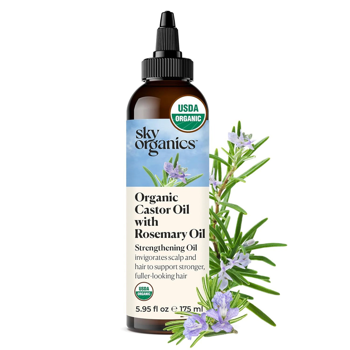 Sky Organics Aceite de Ricino con Romero, botella vertida para empezar masaje en cuero cabelludo.