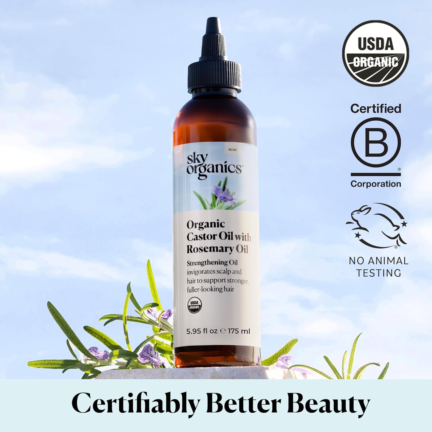 Sky Organics Aceite de Ricino con Romero, envase de vidrio para mejor conservación.