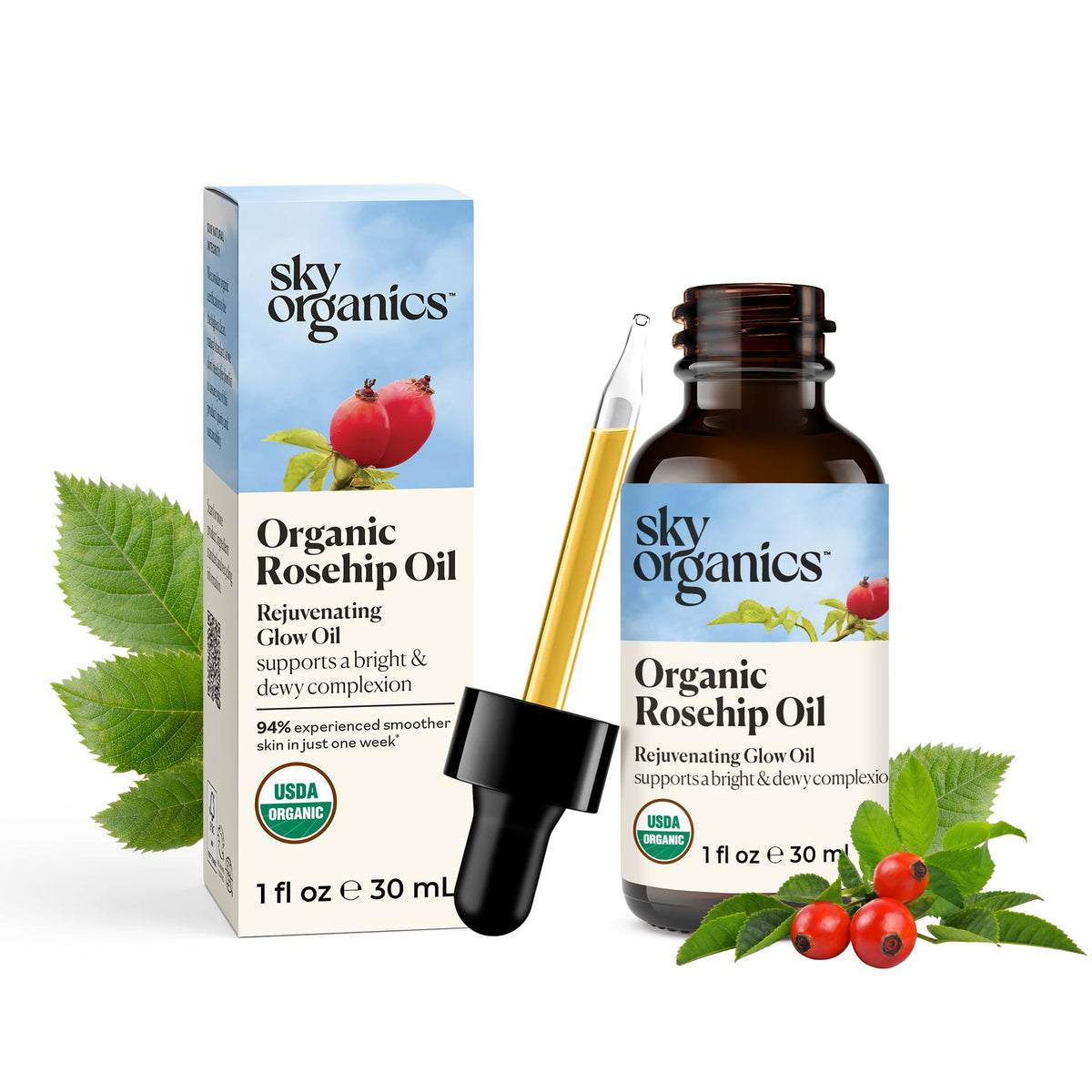 Sky Organics Aceite rosa mosqueta, botella elegante para cuidado diario de la piel.