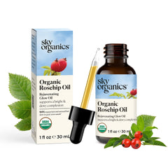 Sky Organics Aceite rosa mosqueta, botella elegante para cuidado diario de la piel.