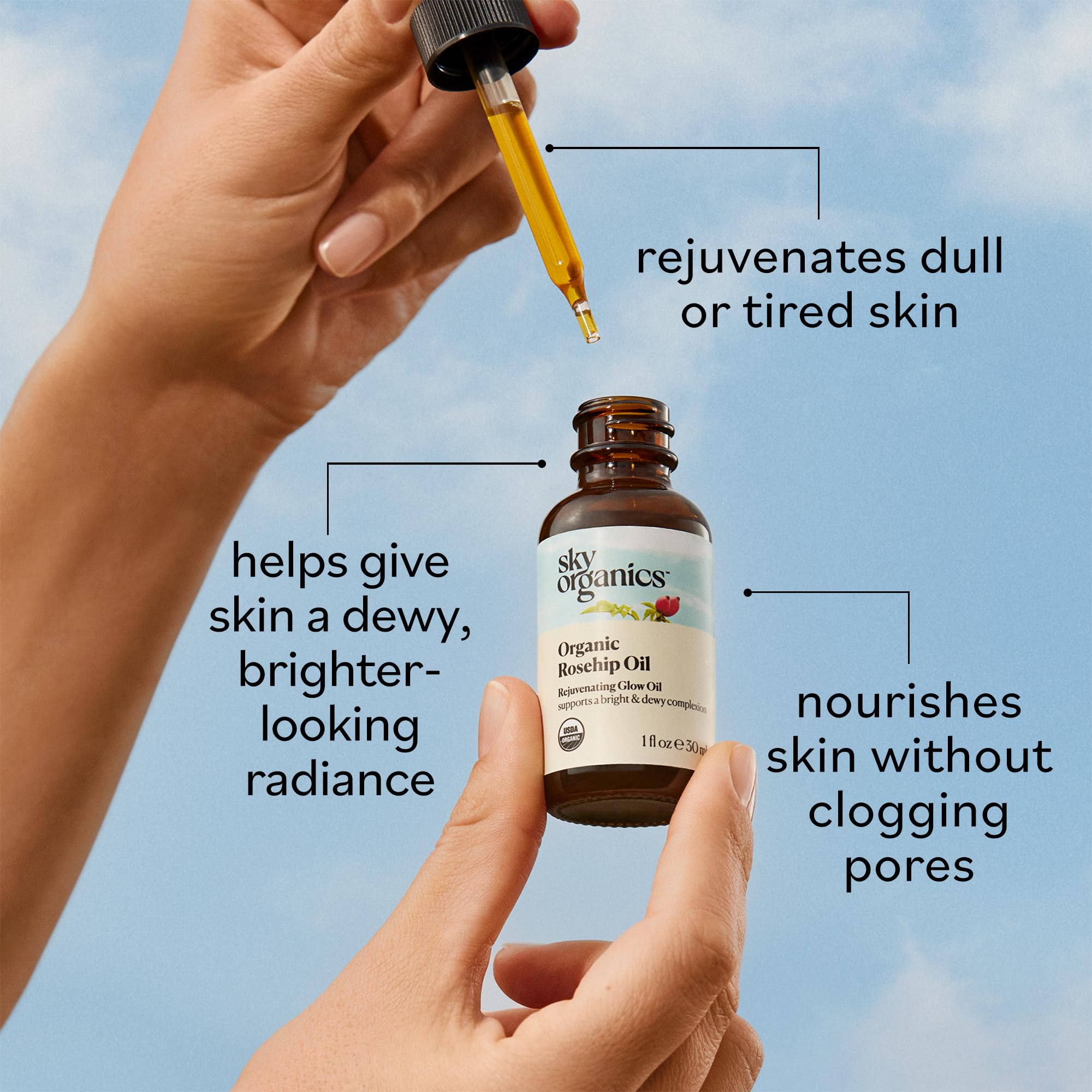 Sky Organics Aceite rosa mosqueta, ingrediente puro para rituales de cuidado diario.
