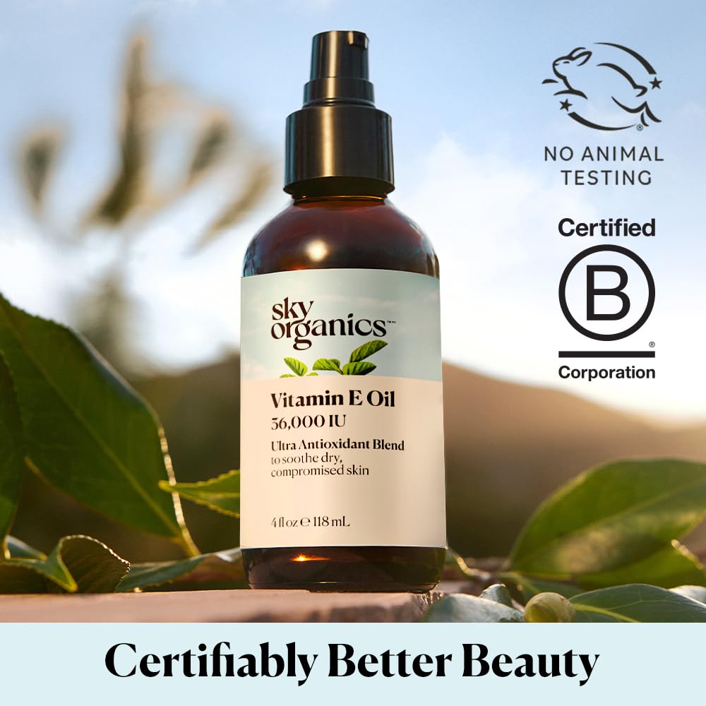 Sky Organics Aceite Vitamina E, etiqueta detallada con información de ingredientes orgánicos.