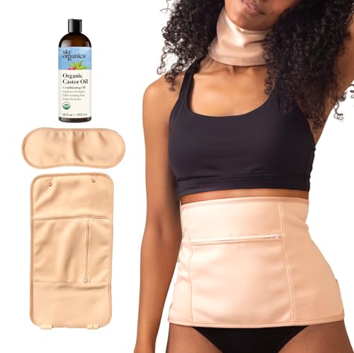 Sky Organics castor oil pack wraps around the waist for comfortable heat therapy.