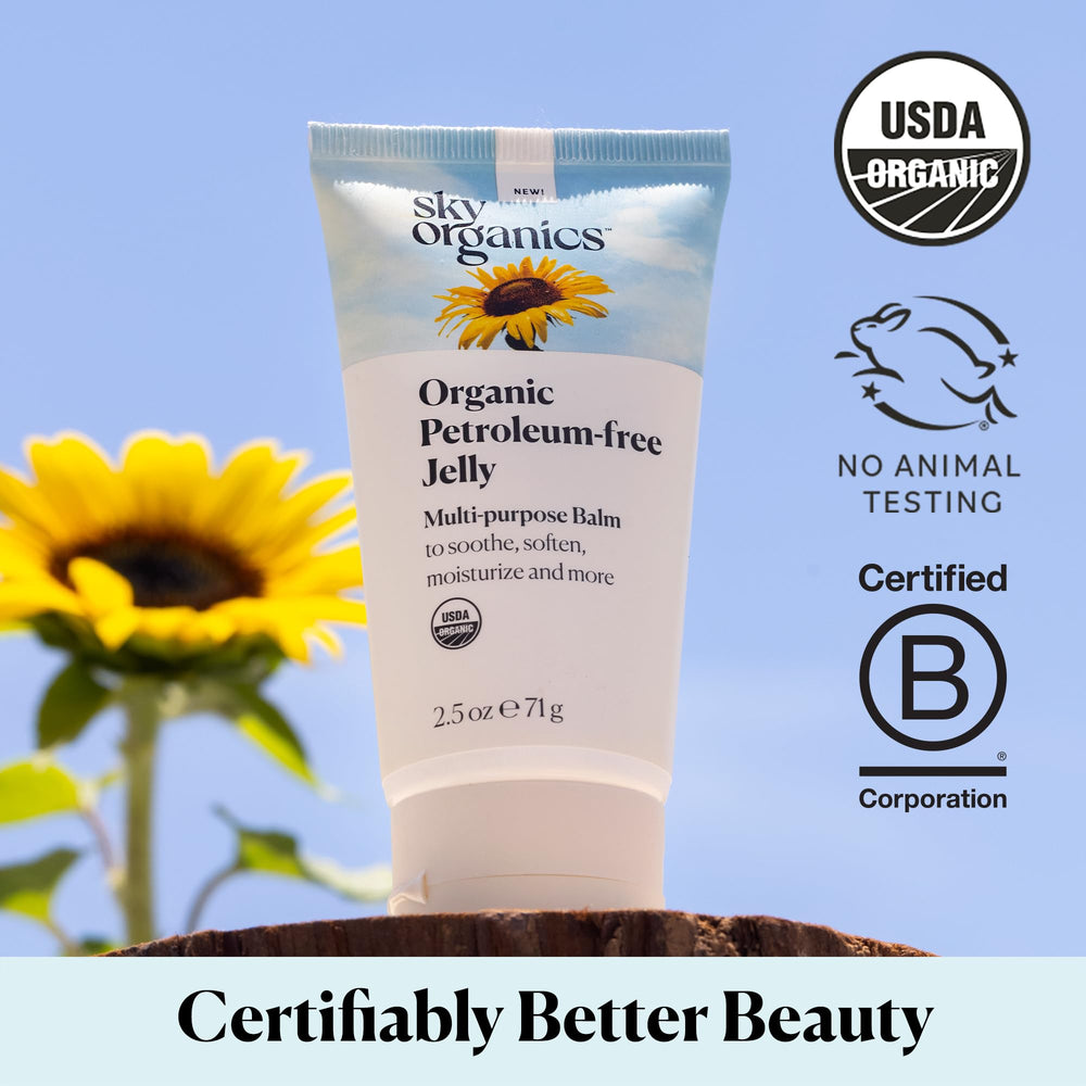 Sky Organics certificaciones orgánicas y libre de crueldad para mayor confianza.