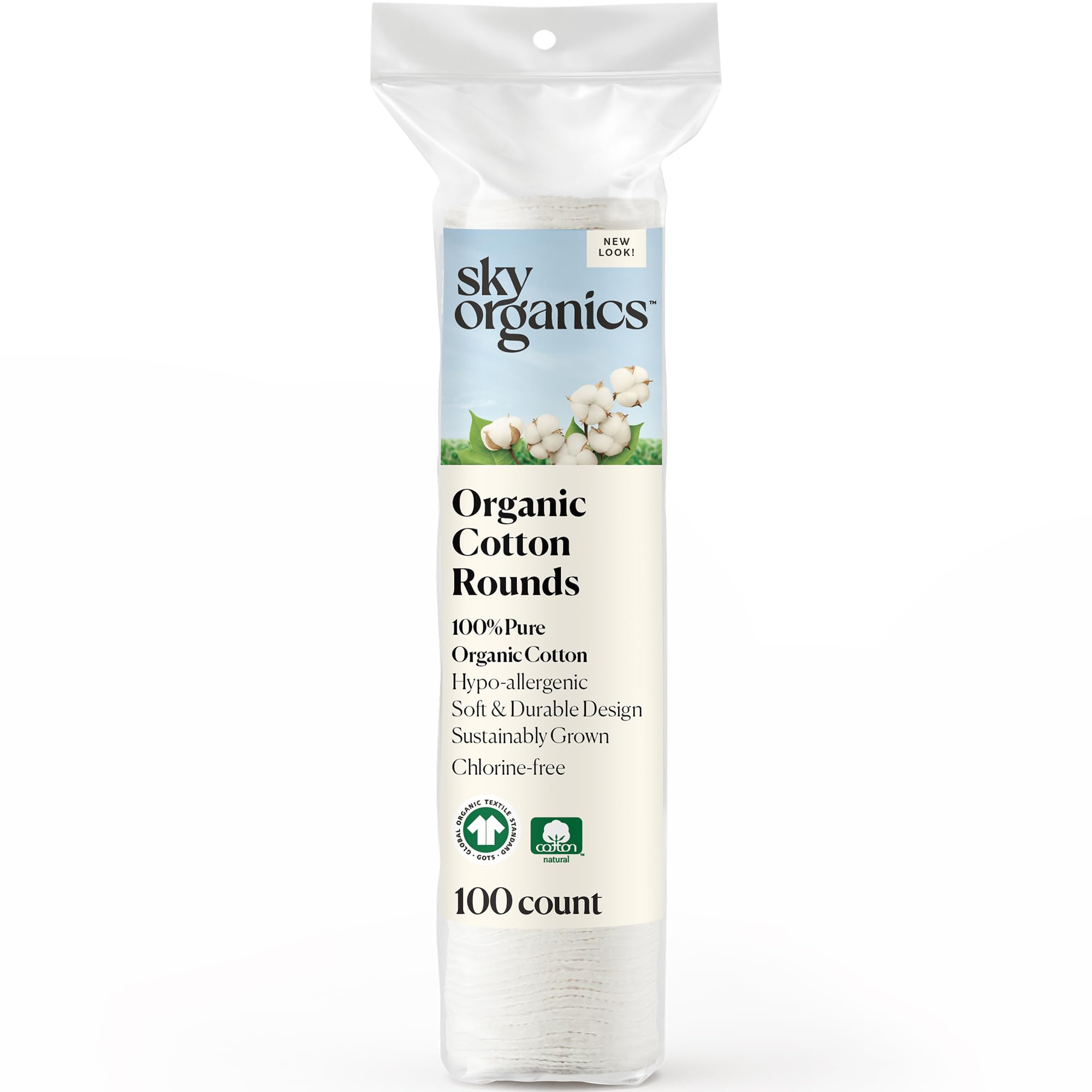 Sky Organics cotton rounds packaging, eco-friendly and ready for daily skincare.