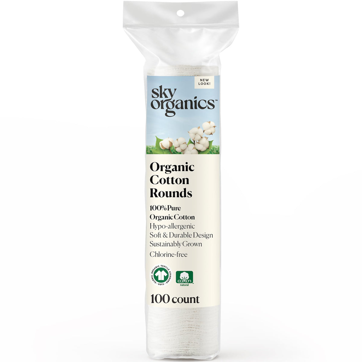 Sky Organics cotton rounds packaging, eco-friendly and ready for daily skincare.
