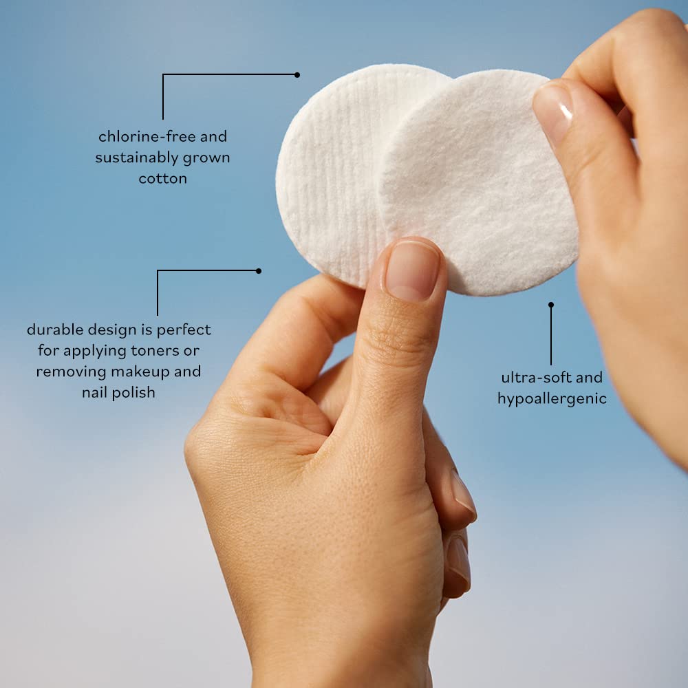 Sky Organics cotton rounds remove makeup, soft and effective for delicate areas.