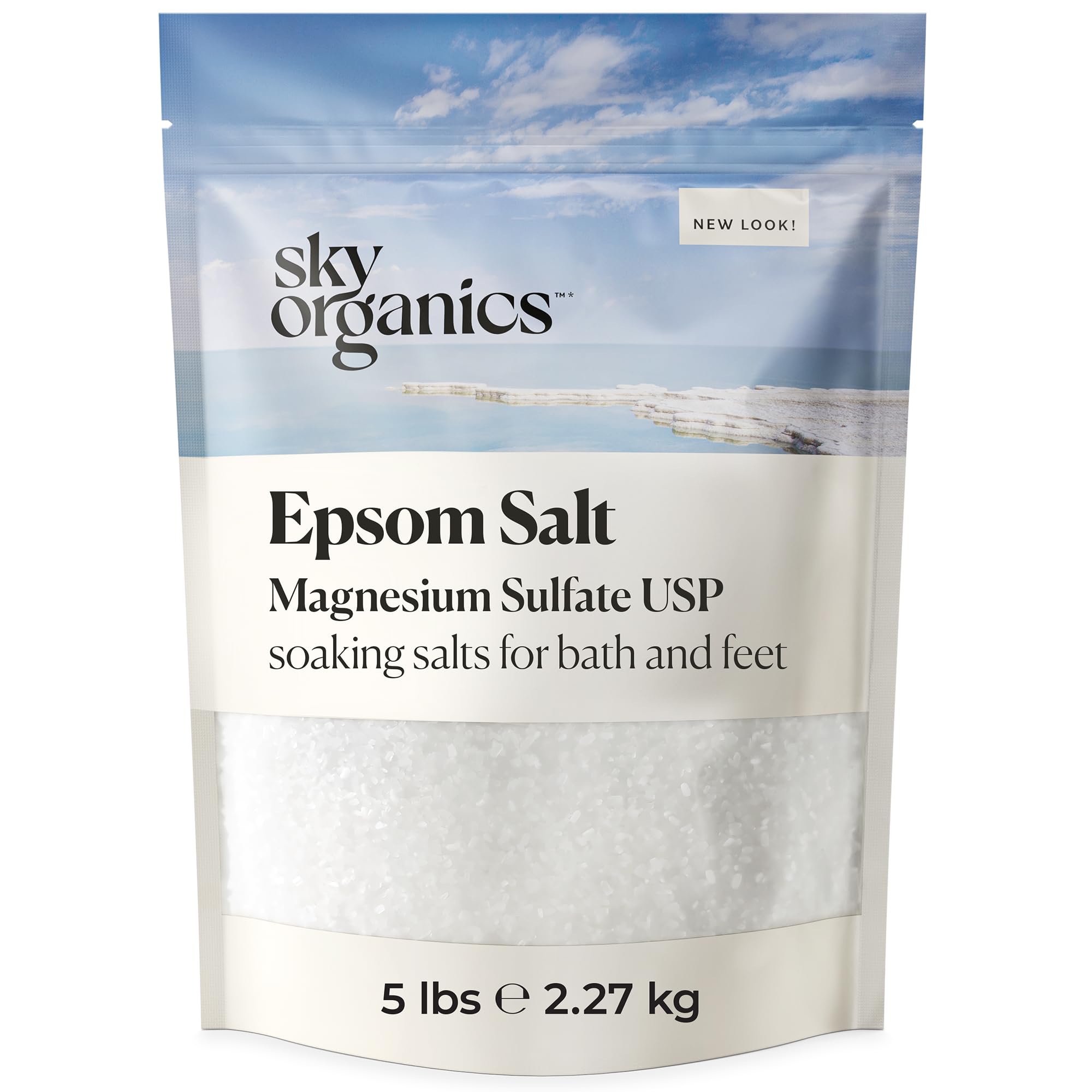 Sky Organics Epsom Salt Bath Soak 5lb bag to soothe tired muscles in a warm bath.
