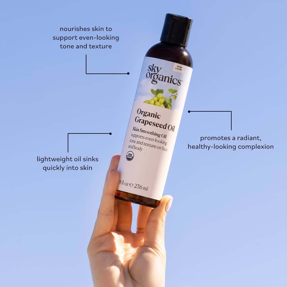 Sky Organics grapeseed oil cold pressed seal indicates preserved vitamins and antioxidants