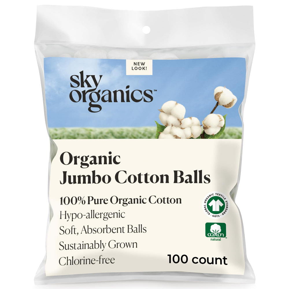 Sky Organics jumbo cotton balls for sensitive skin, ultra-soft and gentle for facial care.
