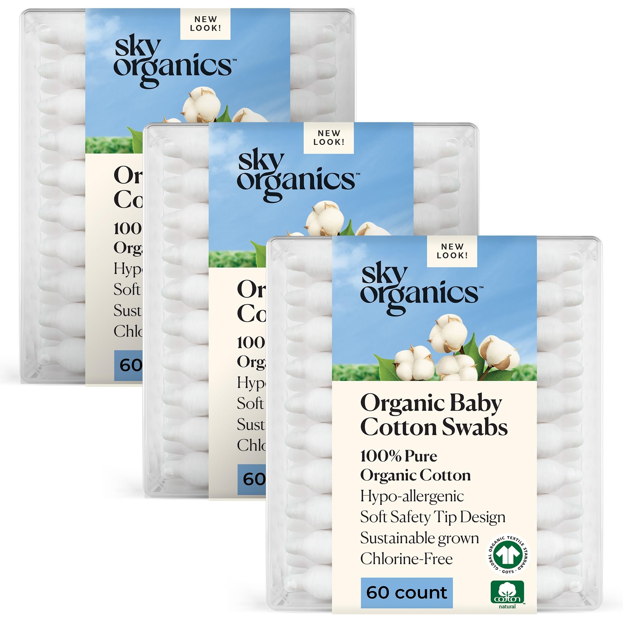 Sky Organics baby cotton swabs packaging with 180 count for gentle care.