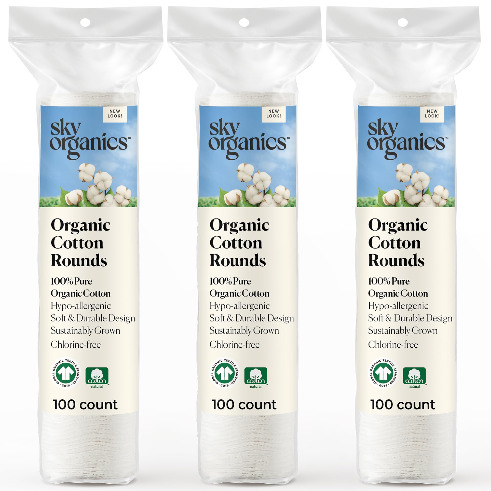 Sky Organics organic cotton rounds packaging, 300-count box, ideal for daily skincare.