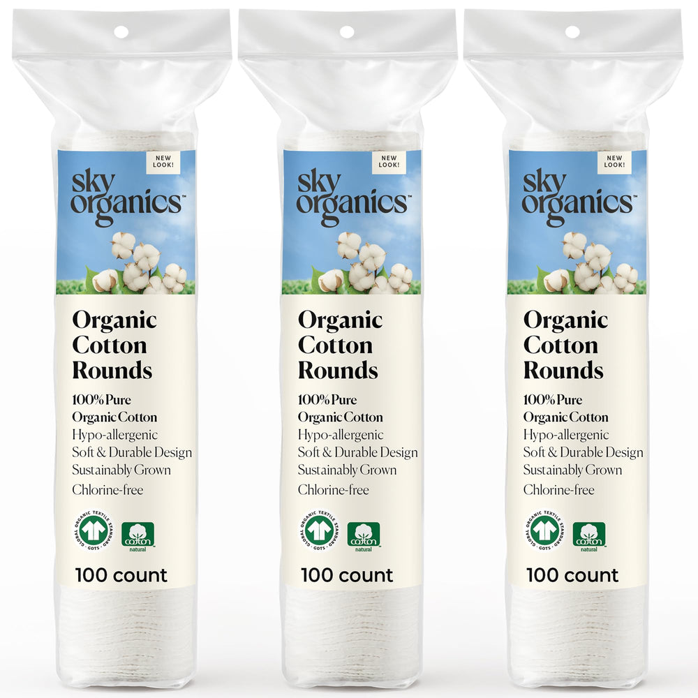 Sky Organics organic cotton rounds packaging, 300-count box, ideal for daily skincare.