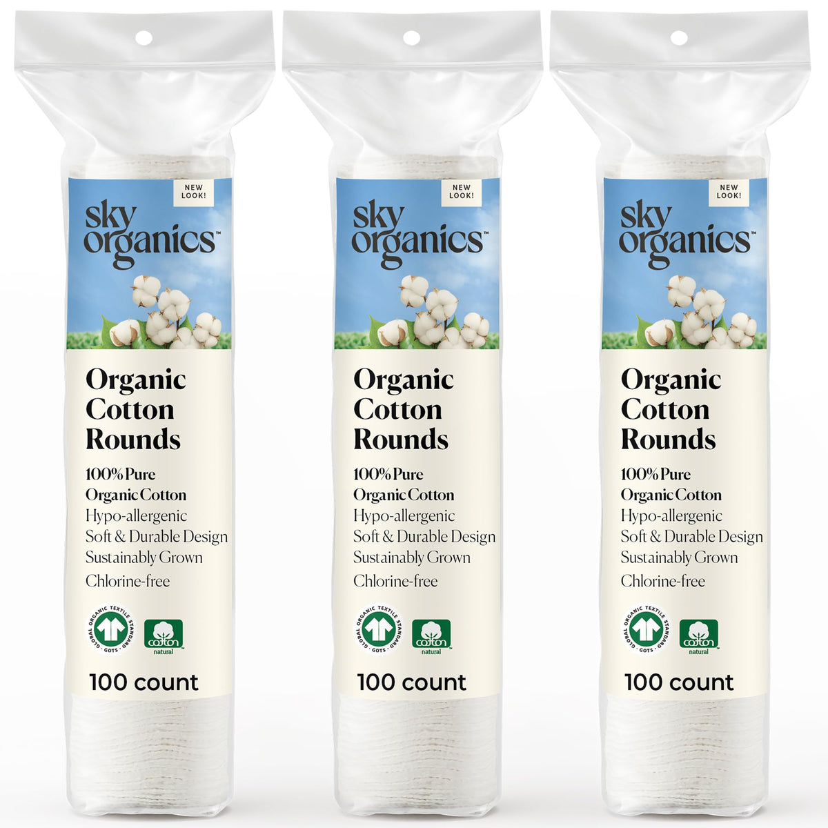 Sky Organics organic cotton rounds packaging, 300-count box, ideal for daily skincare.