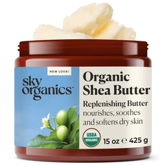 Sky Organics Shea Butter jar shows pure, raw form for dry skin nourishment.