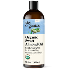 Sky Organics Organic Sweet Almond Oil bottle close-up showing silky hydration.