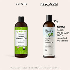 Hands applying Sky Organics Sweet Almond Oil for quick moisturization.