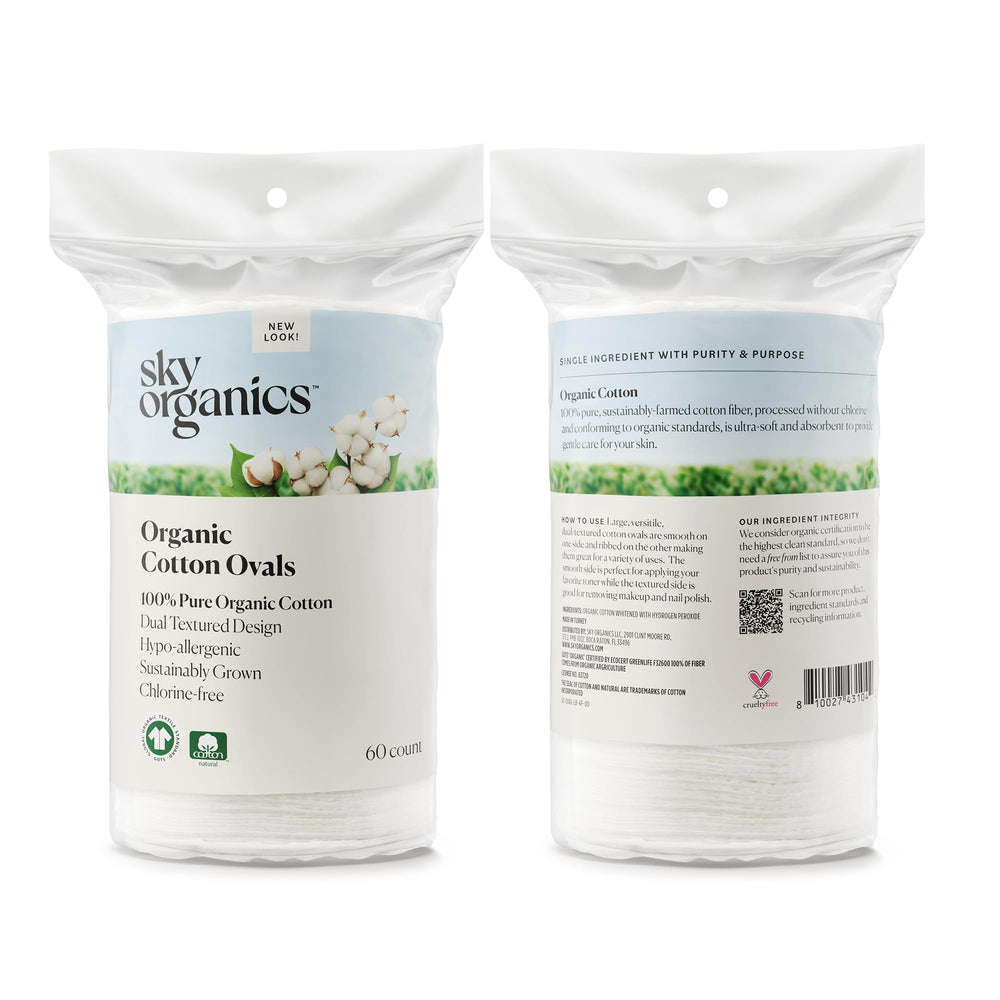 Sky Organics vegan and cruelty-free certified cotton pads for clean beauty.