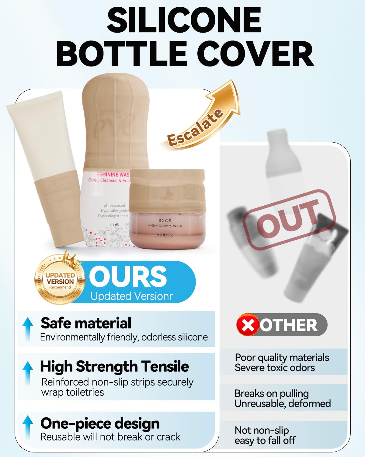 Skyconser silicone toiletry sleeve Milk Pink protects shampoo from spills.
