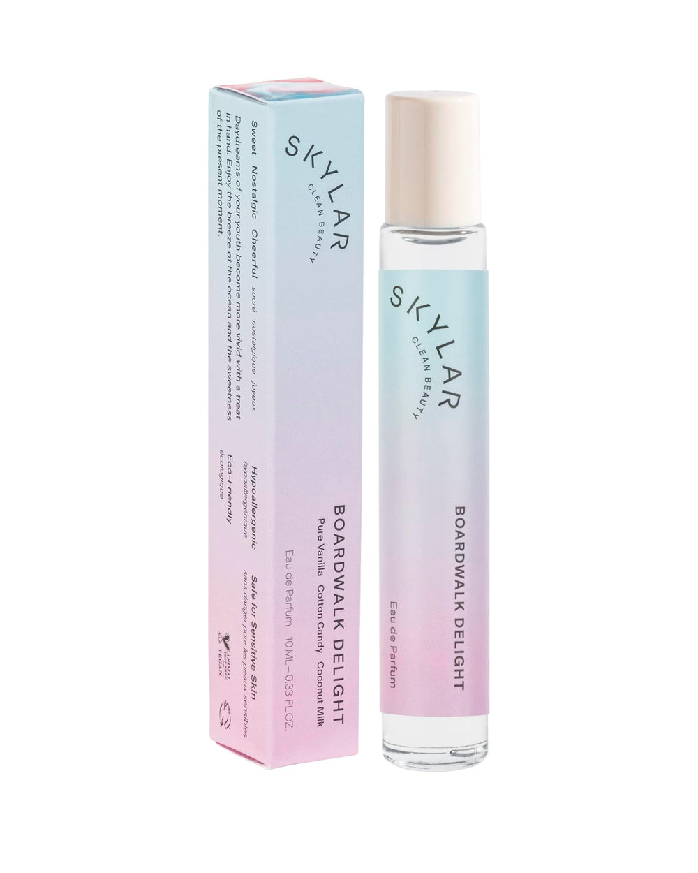 Skylar Boardwalk Delight bottle front shows cotton candy and vanilla notes for everyday wear.
