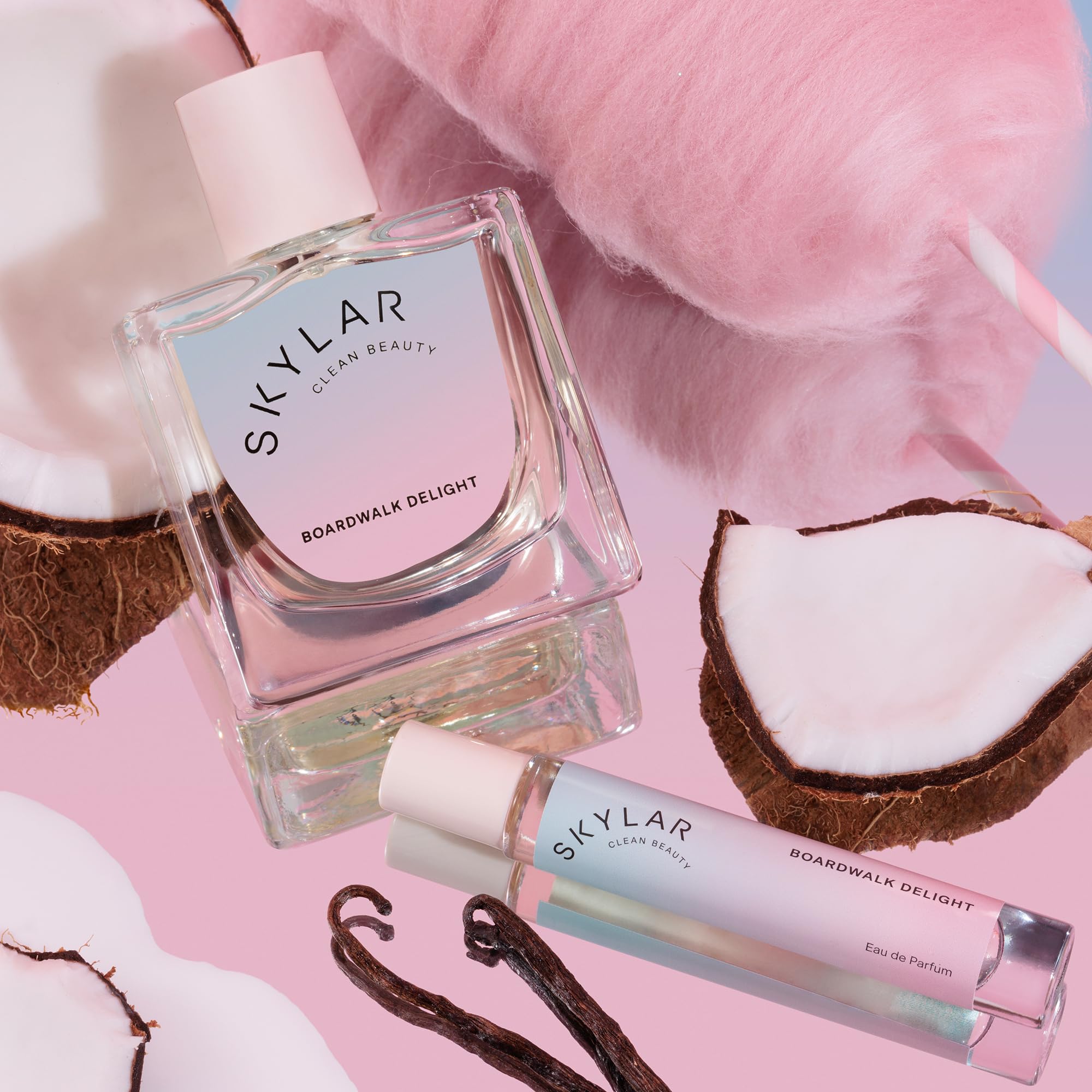 Skylar Boardwalk Delight close-up shows cotton candy aroma blending with coconut milk.