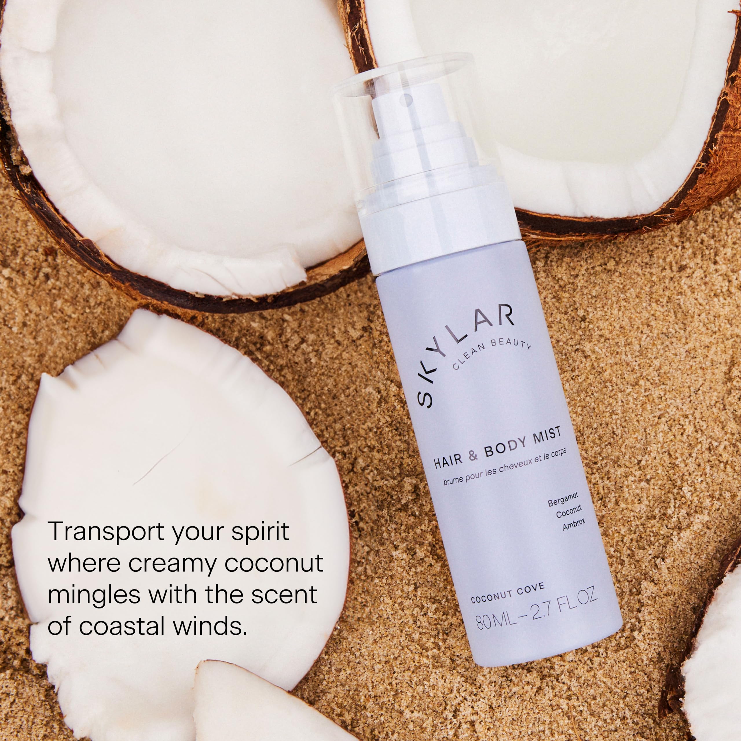 Skylar Coconut Cove mist dispense showing light spray.