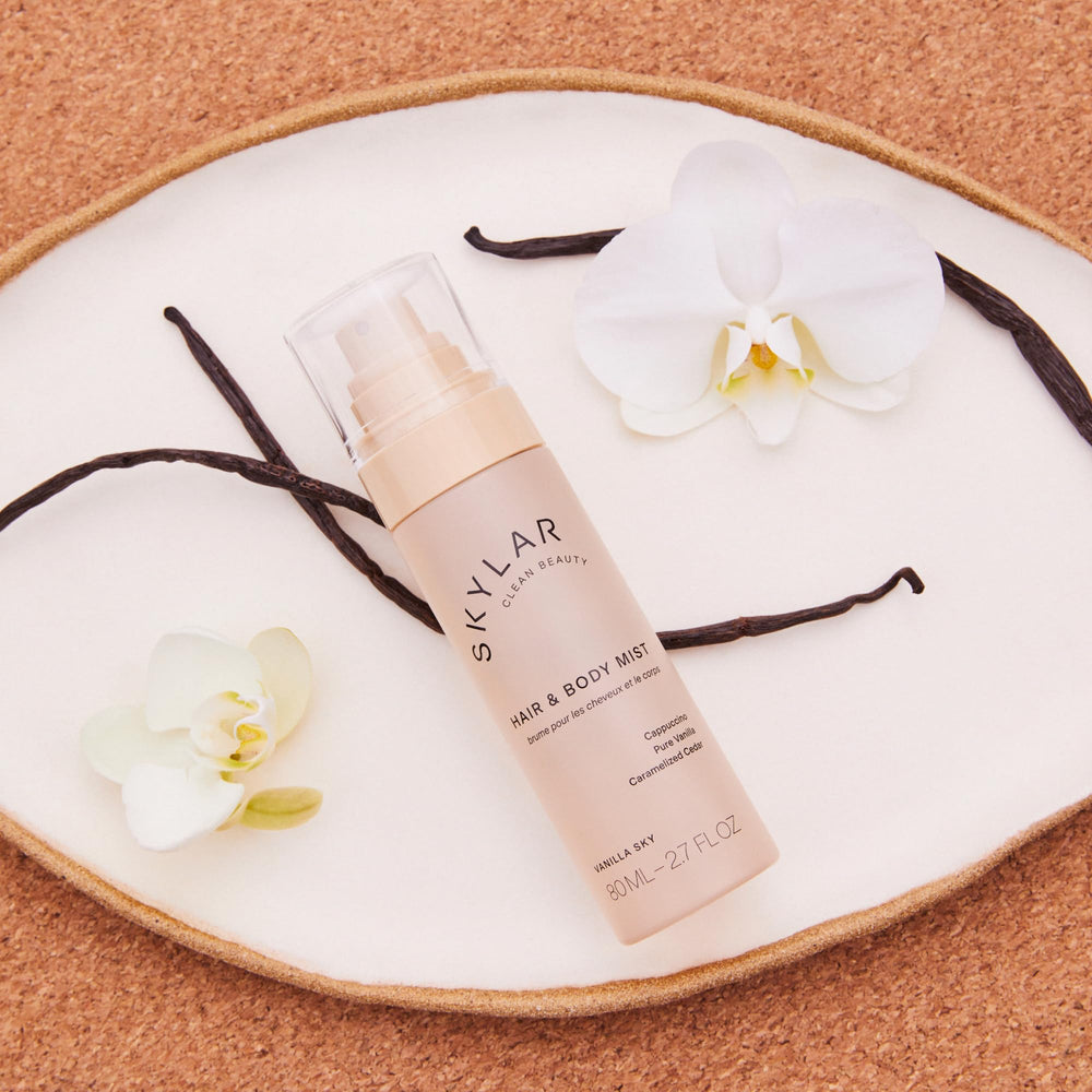 Skylar Vanilla Sky hair mist applied for a refreshed light scent.