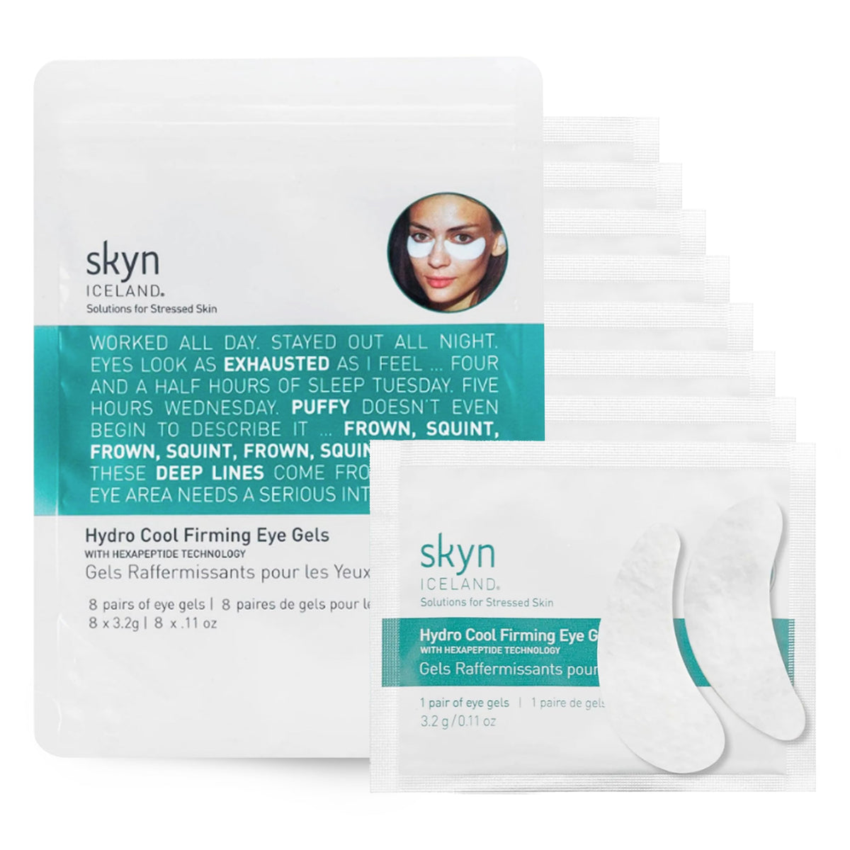 Skyn ICELAND Hydro Cool Under Eye Patches applied for instant cooling relief