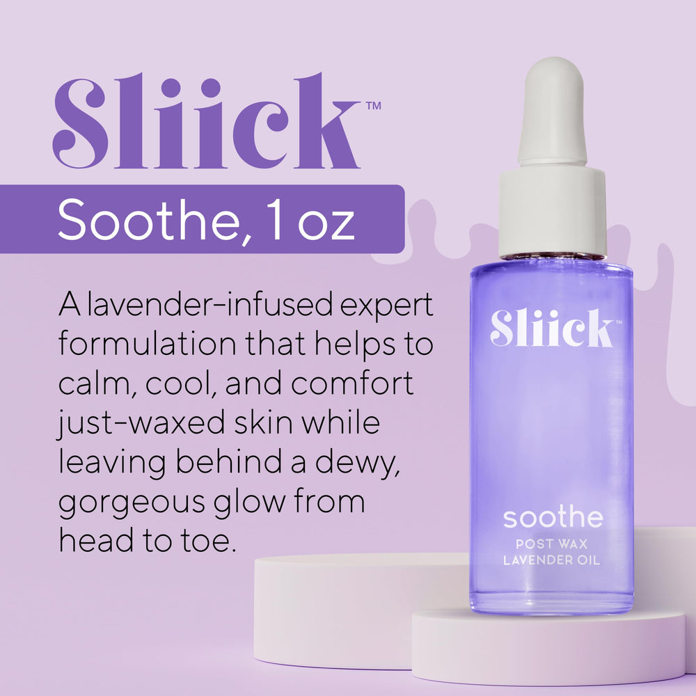 Sliick Soothe lavender oil label highlighting soothing post-wax benefits