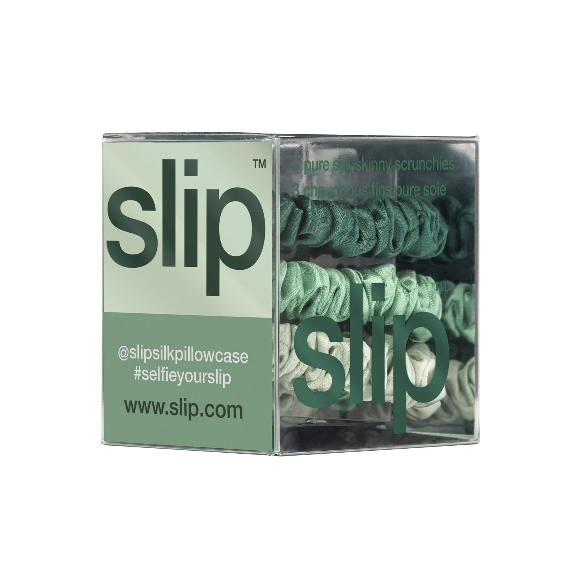 Slip mint skinny scrunchie closeup emphasizes glossy silk and secure feel.