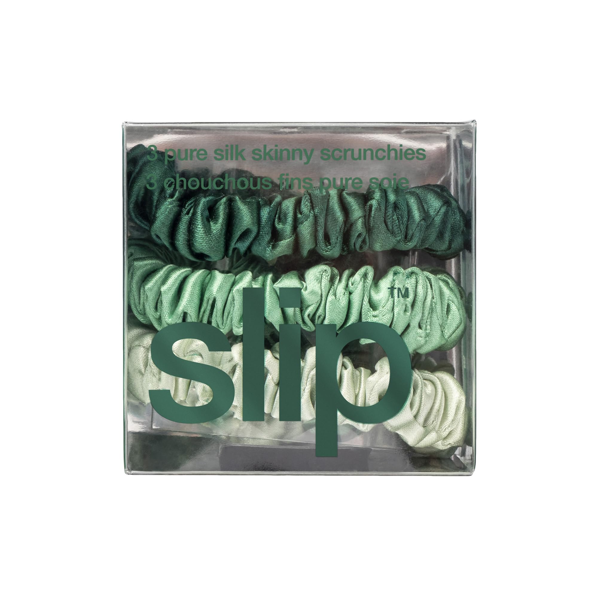 Slip sage skinny scrunchie closeup highlights anti-breakage design.