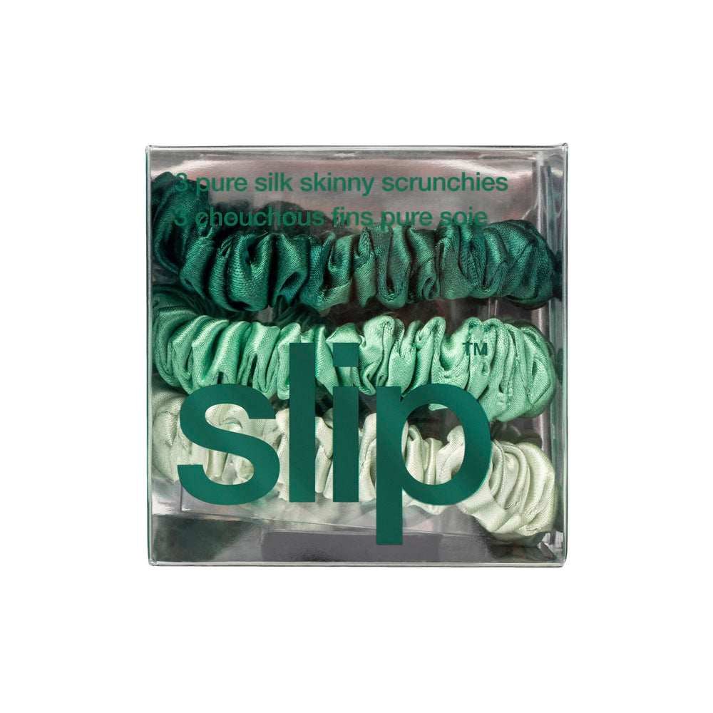 Slip sage skinny scrunchie closeup highlights anti-breakage design.