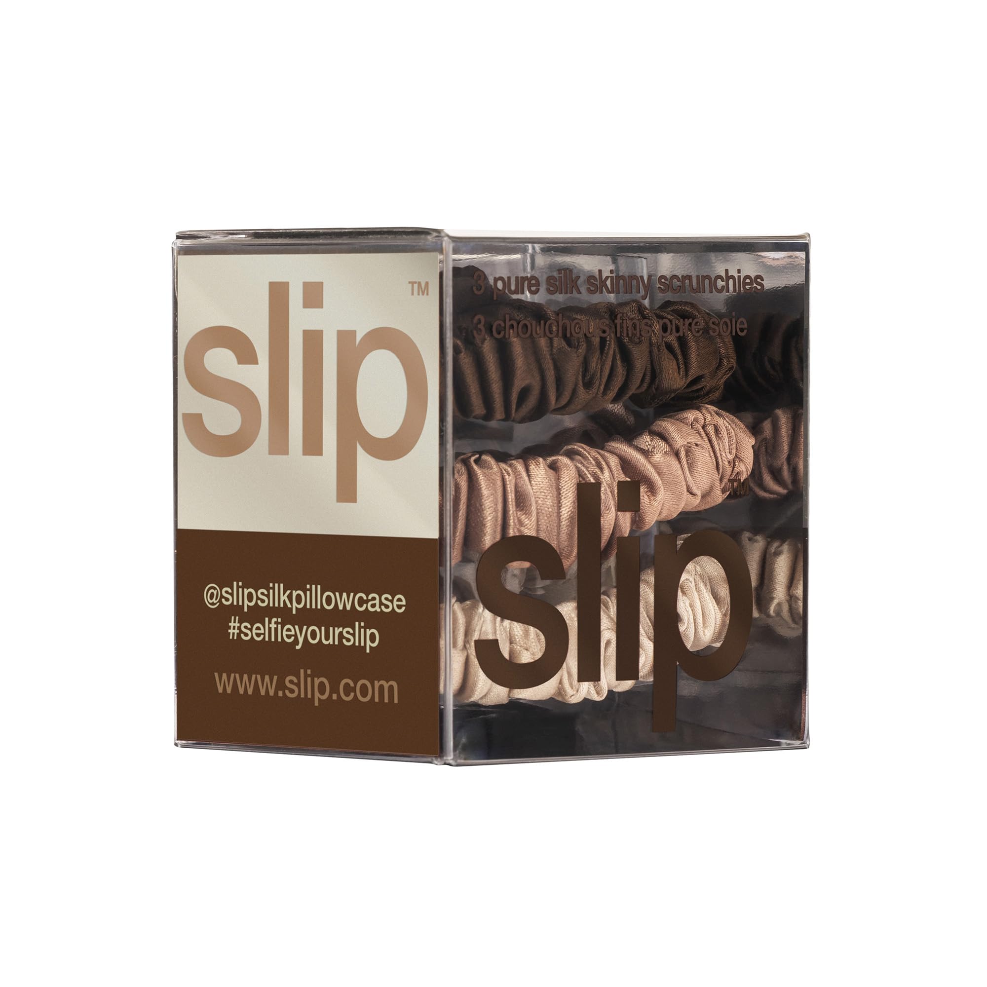 SLIP skinny scrunchies dark brown on hair providing gentle non-slip grip