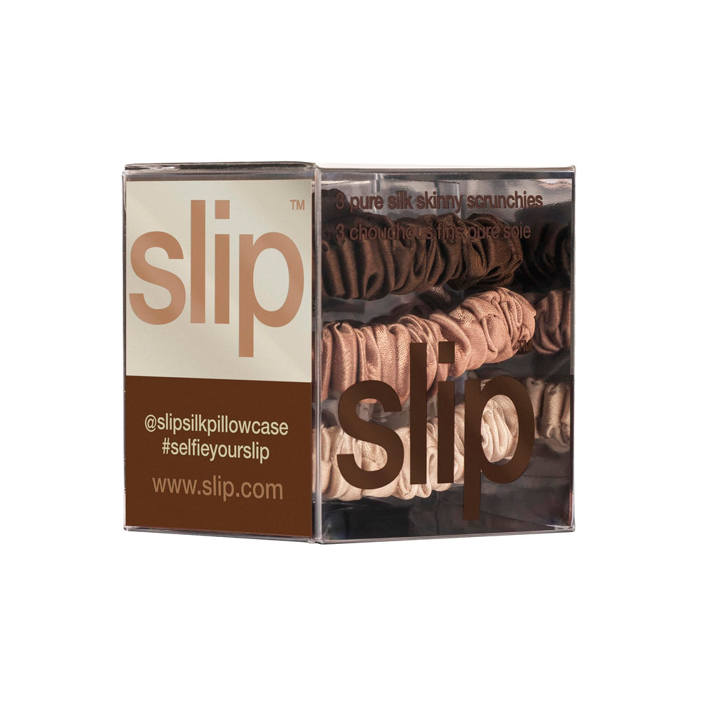 SLIP skinny scrunchies dark brown on hair providing gentle non-slip grip