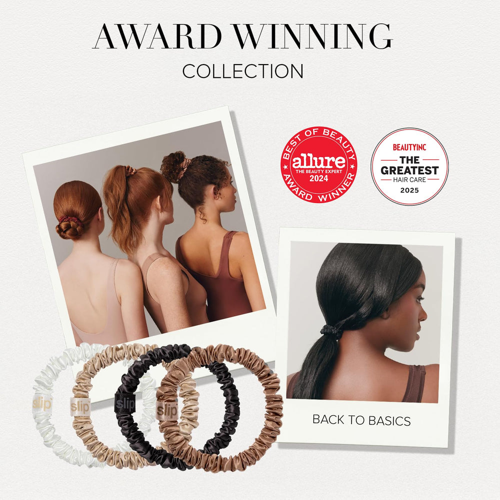 SLIP skinny scrunchies light brown on hair for all-day wear