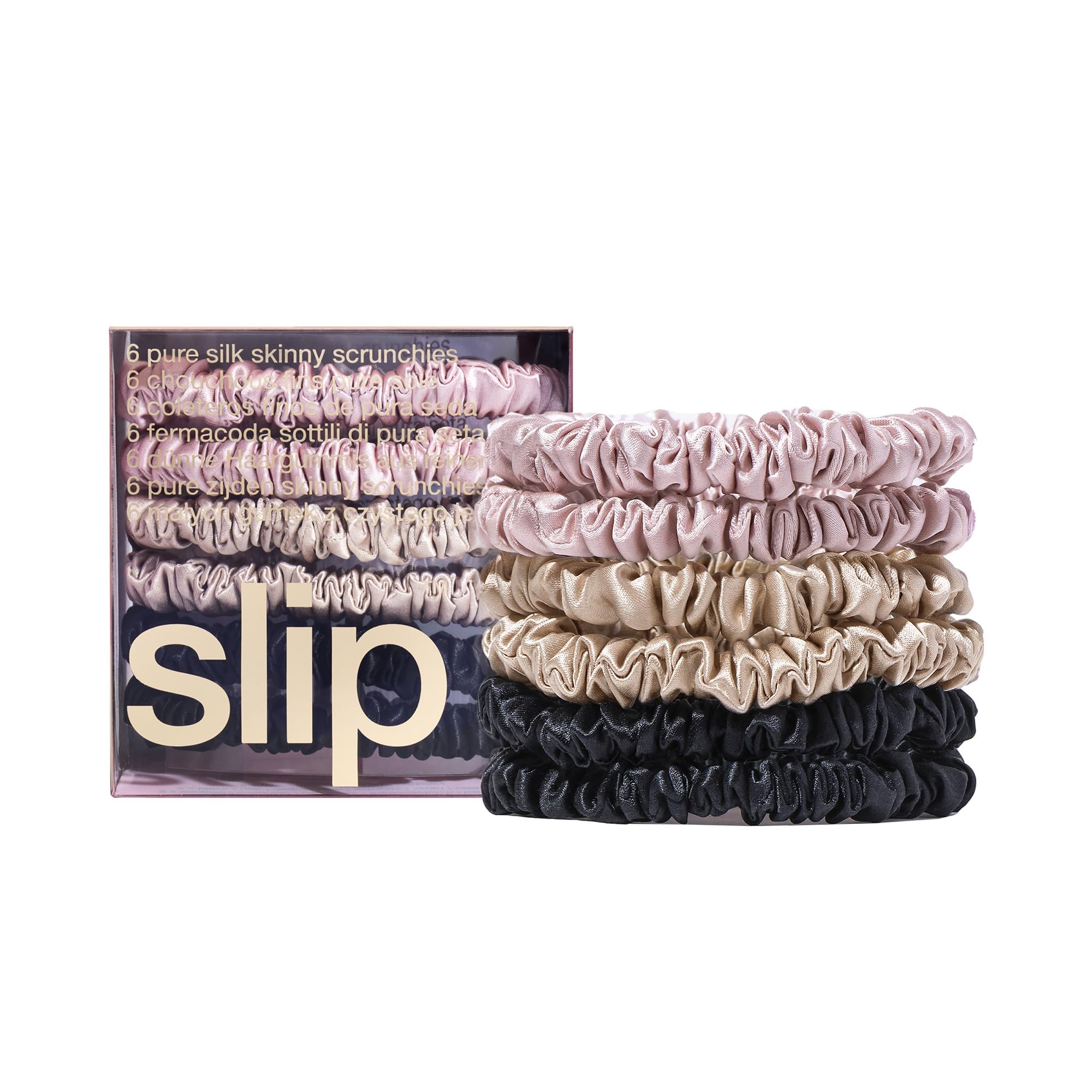 SLIP Skinny Scrunchies Multi pink close-up showing gentle hold.