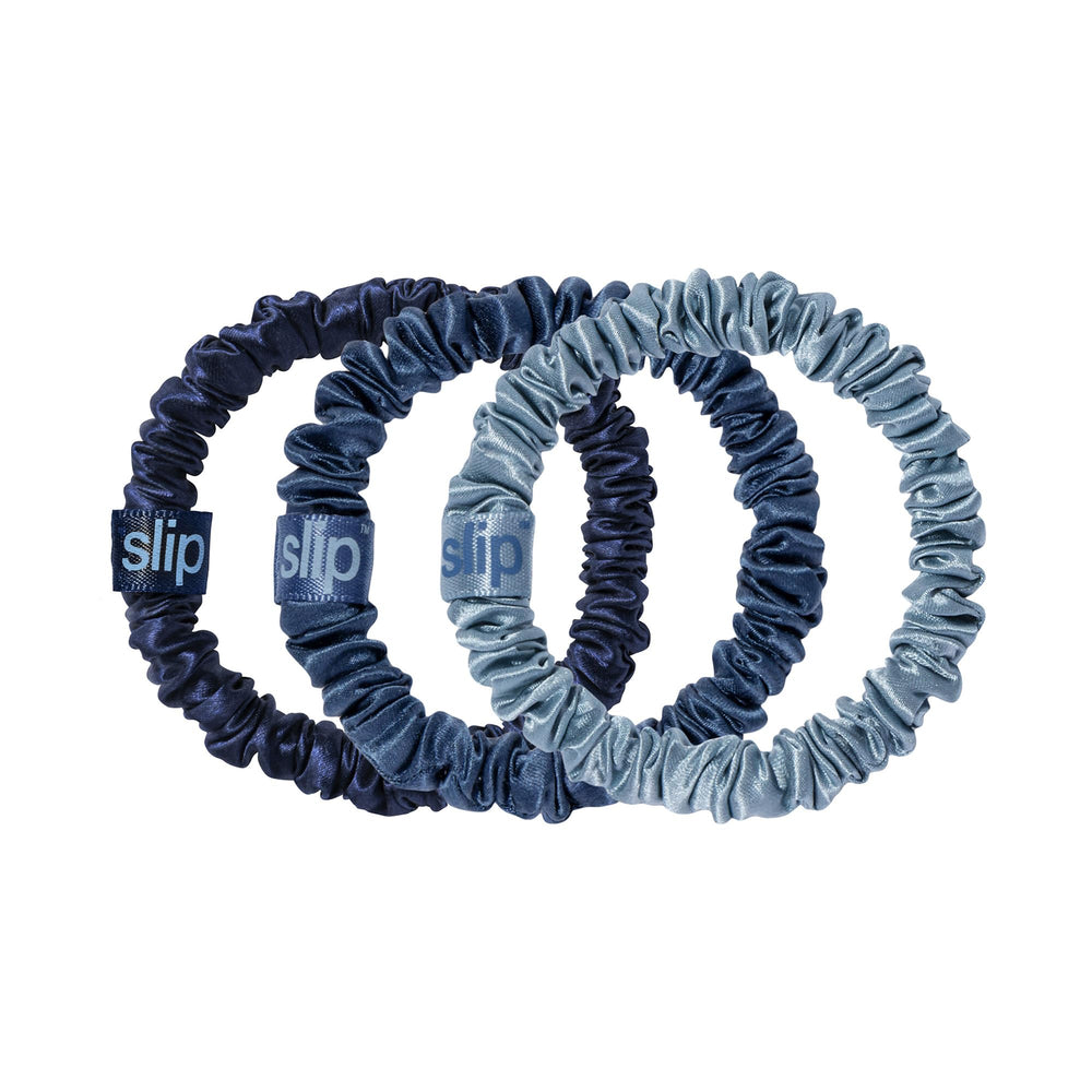SLIP sapphire skinny scrunchies provide a gentle hold for delicate hair.